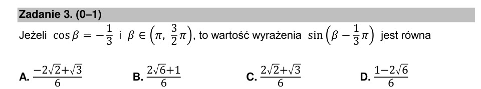Zadanie 3: Sinus różnicy kątów - matura matematyka 2022