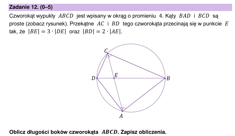 Zadanie 12: Boki czworokąta wpisanego - matura matematyka 2023