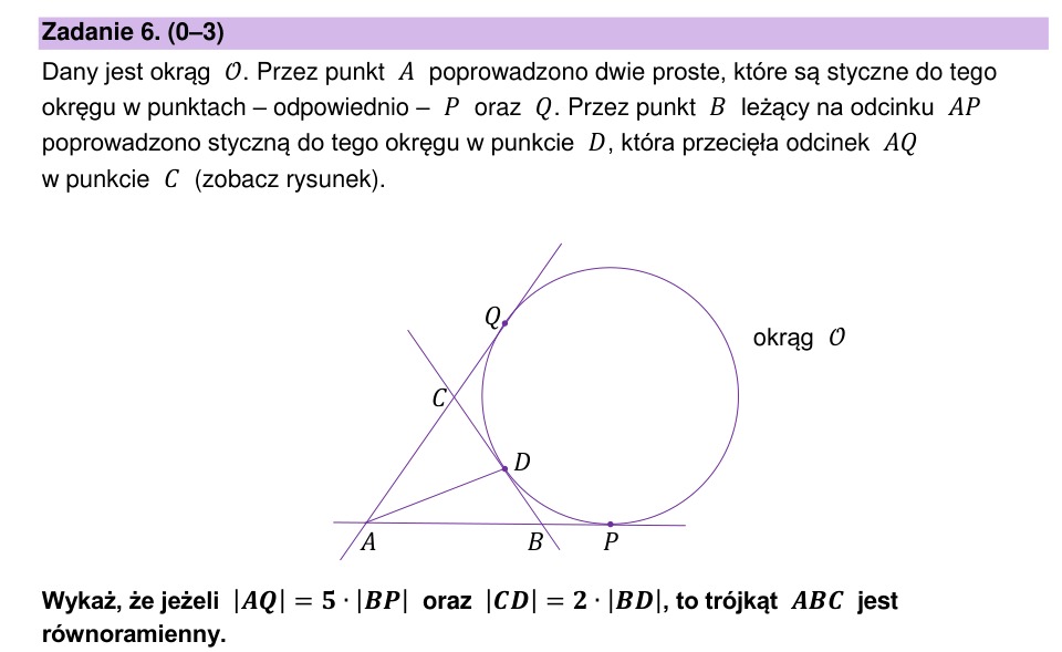 Zadanie 6: Równoramienność trójkąta stycznych - matura matematyka 2023
