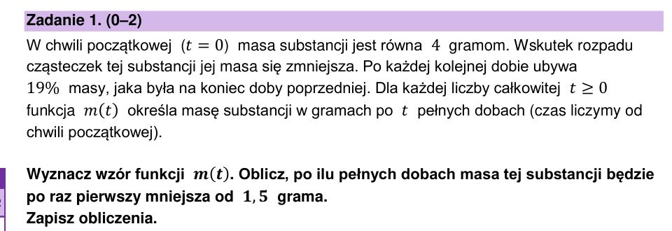 Zadanie 1: Masa substancji po dobach - matura matematyka 2023