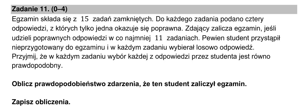 Zadanie 11: Prawdopodobieństwo zaliczenia egzaminu - matura matematyka 2023