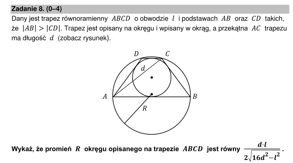 Zadanie 8: Promień okręgu opisanego na trapezie - matura matematyka 2023