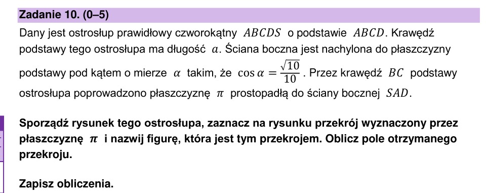 Zadanie 10: Pole przekroju ostrosłupa - matura matematyka 2023