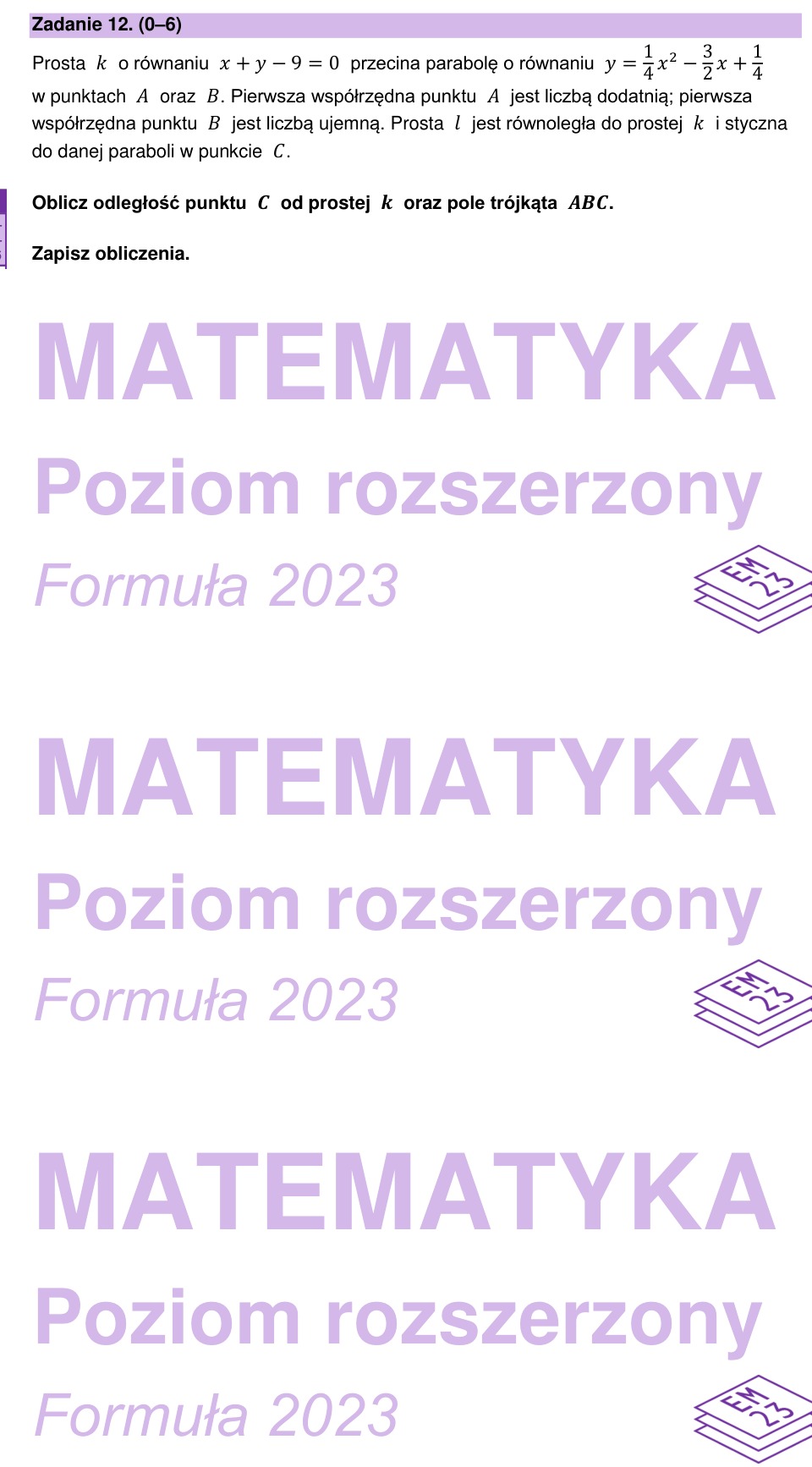 Zadanie 12: Odległość i pole trójkąta - matura matematyka 2023