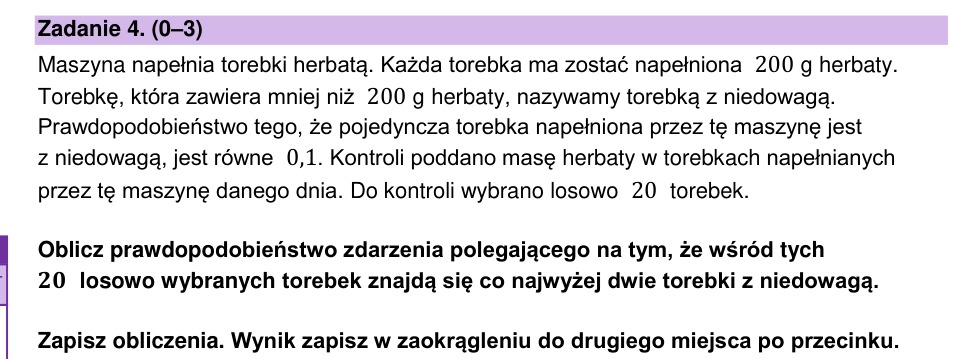 Zadanie 4: Prawdopodobieństwo niedowagi - matura matematyka 2023