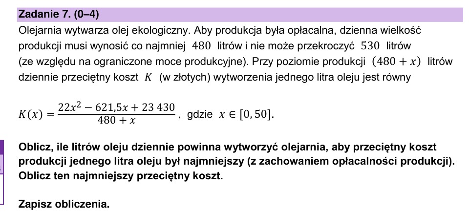 Zadanie 7: Najmniejszy koszt oleju - matura matematyka 2023