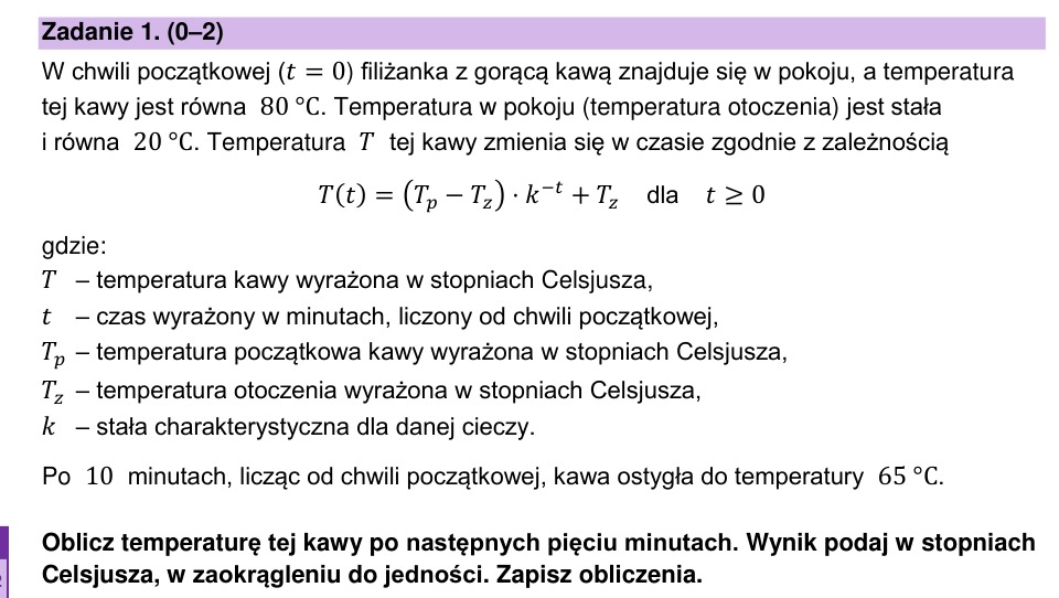 Zadanie 1: Temperatura stygnącej kawy - matura matematyka 2024