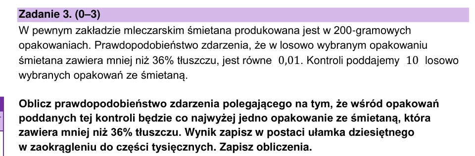 Zadanie 3: Prawdopodobieństwo kontroli śmietany - matura matematyka 2024