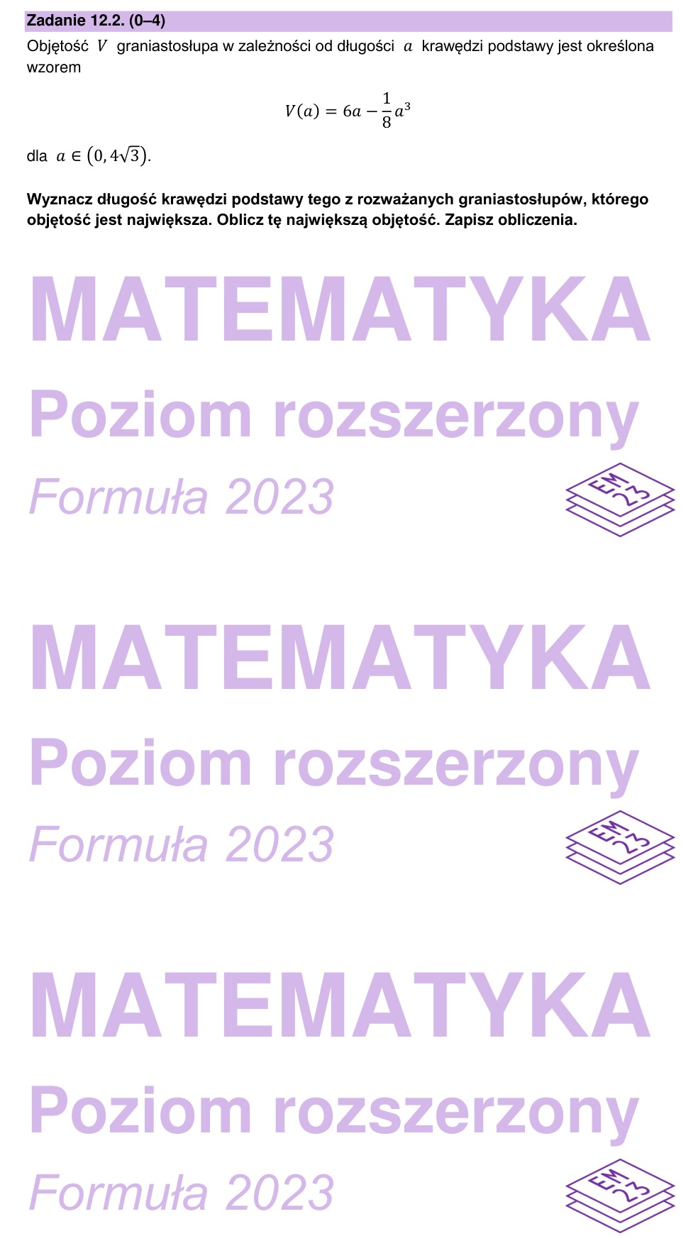 Zadanie 12.2: Największa objętość graniastosłupa - matura matematyka 2025