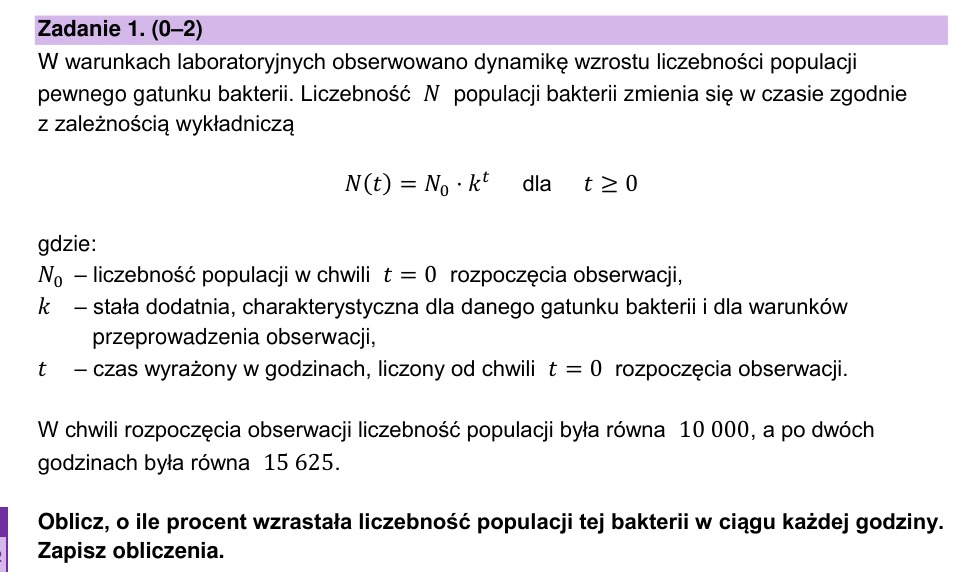 Zadanie 1: Procentowy wzrost populacji bakterii - matura matematyka 2025