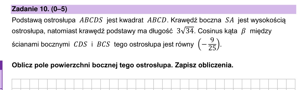 Zadanie 10: Pole powierzchni bocznej ostrosłupa - matura matematyka 2025