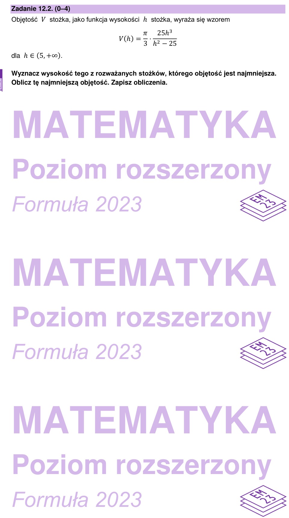 Zadanie 12.2: Najmniejsza objętość stożka - matura matematyka 2025