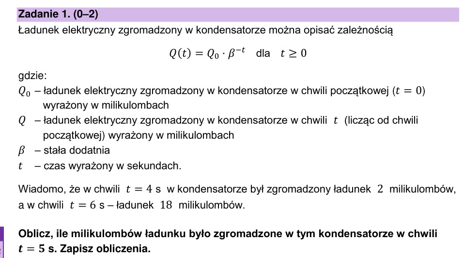 Zadanie 1: Ładunek kondensatora po pięciu sekundach - matura matematyka 2025