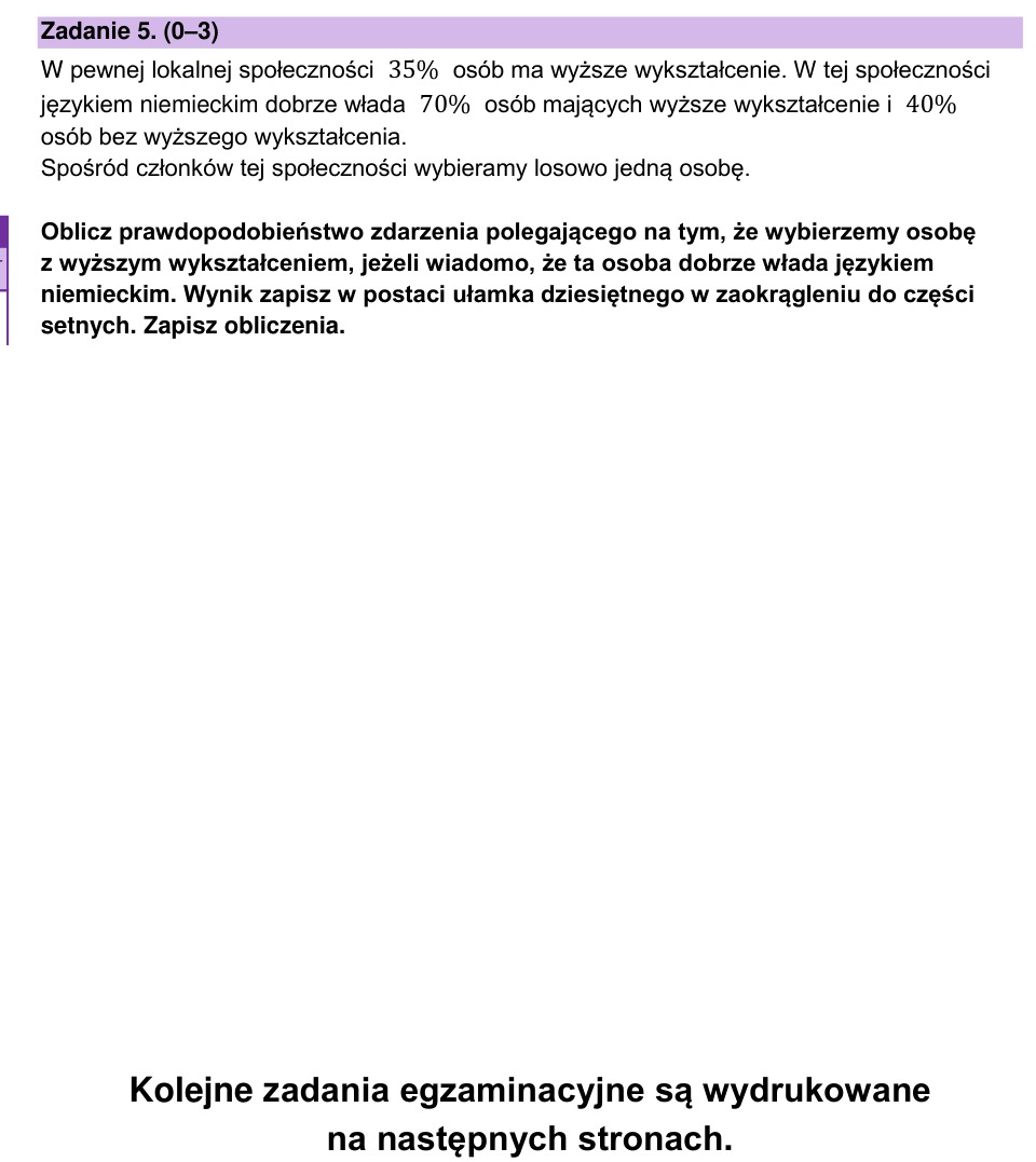Zadanie 5: Prawdopodobieństwo warunkowe wykształcenia - matura matematyka 2025