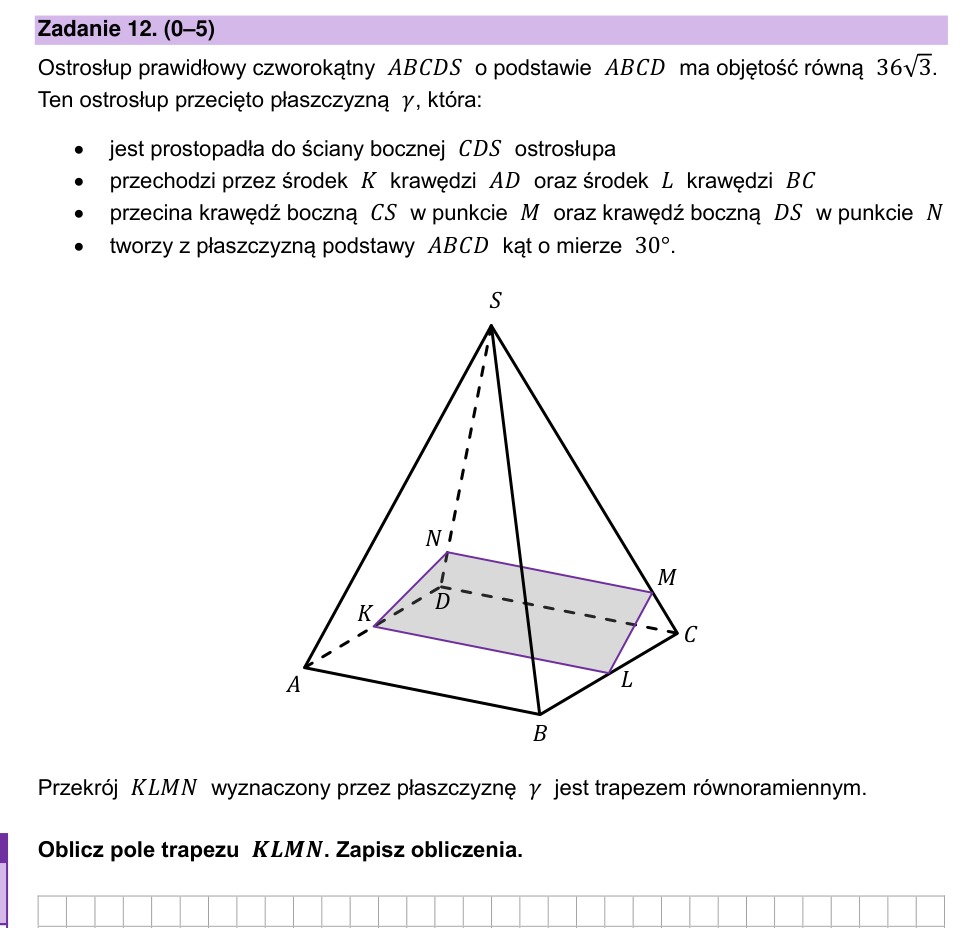 Zadanie 12: Pole przekroju ostrosłupa - matura matematyka 2026