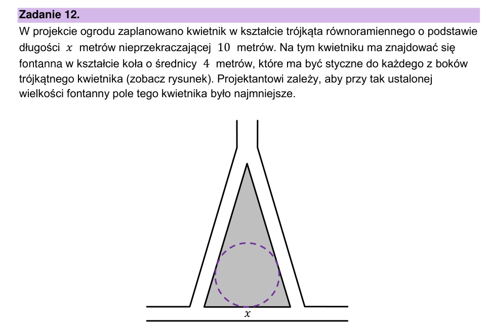 Zadanie 12: Kwietnik z okrągłą fontanną - matura matematyka 2026